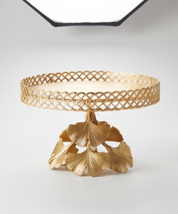 Support à gâteau multifonctionnel en métal doré, plateau de service rond à motif de treillis, piédestal en forme de feuille de Ginkgo, présentoir à pâtisserie pour le thé de l'après-midi - Product Image 1