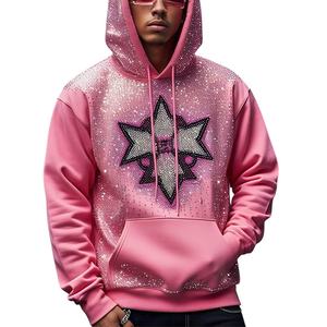 OEM 2025, sweat à capuche pour homme 100% coton avec impression bouffante et strass style éponge française - Product Image 1