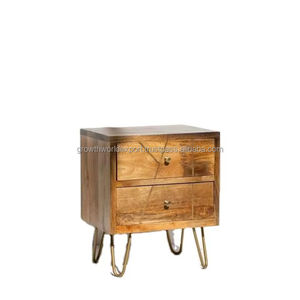 Modern <b>Solid</b> Mango <b>Wood</b> Bedside Nightstand with 2 Drawers and Hairpin Metal Legs for Bedroom Use - Product Image 1