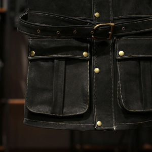 Veste de moto en cuir noir pour homme, manches longues, coupe-vent, style hiver, avec ceinture et plusieurs poches - Product Image 5