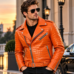 Premium Mens Orange for Pattern Leather Motorcycle Biker Jacket Breathable Winter <b>Belted</b> <b>Slim</b> Fit Zipper Closure - Product Image 1