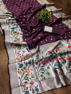 Purple Silk <b>Saree</b> With Floral Embroidery Traditional Indian Wedding Wear For Women Floor-Length Regular Fit - Product Image 5