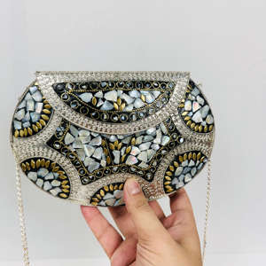 Custom Modern Luxury Handmade Metal Craft Polished Mother Pearl Beaded <b>Clutch</b> <b>Bag</b> Mosaic for Shell Sculpture Antique Bridal - Product Image 3