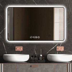 Specchio LED da Bagno di Alta Qualità 48x32 con Cornice Nera, Montaggio a Parete, Luce Tricolore, Funzione Antiappannamento, Display Temperatura, Angoli Arrotondati - Product Image 2