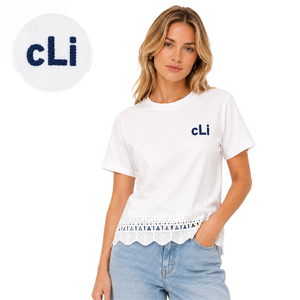 Y2K Fashion women's shirt Lace Hem Minimalist Knitted Cotton <b>Top</b> Chenille Embroidery Casual Tee Custom Logo Spring Summer Tshirt - Product Image 1