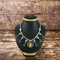 Collar de pintura de cristal Lord Ganesha, ropa de fiesta de plata 925 sólida, aspecto antiguo oxidado, hecho a mano, elegante joyería espiritual India