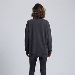 T-shirt ample et délavé à col rond pour femme, manches longues, en coton, coupe décontractée, couleur unie, style streetwear - Product Image 6