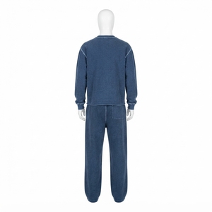 Men Blue Washed Crewneck Sweatshirt <b>Jogger</b> Pants <b>Set</b> Casual Streetwear <b>Matching</b> Clothes Custom Logo - Product Image 4