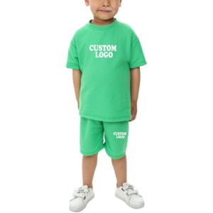 Ensemble d'été pour enfants garçons et filles 2026 Nouvelle collection américaine simple en coton ample, ensemble deux pièces short et t-shirt à manches courtes pour bébés et enfants - Product Image 1