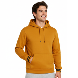 Sudadera con capucha para hombre, color amarillo mostaza, con puños negros a rayas, estilo streetwear, con logotipo personalizado OEM. - Product Image 1