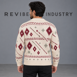 Pull de Noël personnalisé pour homme, col rond, tricot jacquard géométrique ivoire bordeaux, pull d'hiver, vente en gros OEM - Product Image 4