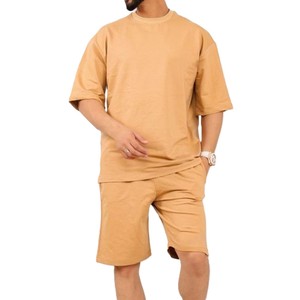 Ensemble deux pièces kaki pour hommes, t-shirt décontracté à manches courtes et short, tenue d'été en coton, streetwear, grande taille, très stylé - Product Image 1