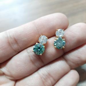 GRA Certified Round Cut <b>Blue</b> Green Color Moissanite <b>Studs</b> In Gold Plated 925 Silver Minimalist Fashion <b>Earrings</b> At Low Price - Product Image 6