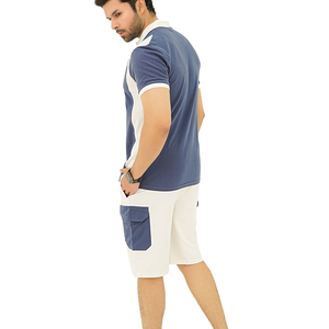 Ensemble polo et short pour homme, bleu et blanc, style color block, décontracté, été, coton, deux pièces, respirant, tricoté, vêtements de sport - Product Image 3