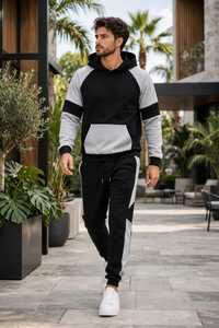 ONETEN APPARELS Ensemble de survêtement à capuche noir et gris grande taille pour homme, pantalon de jogging décontracté à cordon de serrage, tenue d'automne - Product Image 6