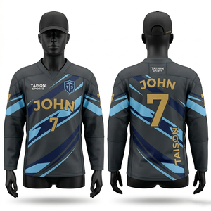 Maillot de hockey sur glace pour homme, polyester premium 220 GSM, maille respirante, design à panneaux gris, bleu et jaune, logo personnalisé par sublimation - Product Image 2