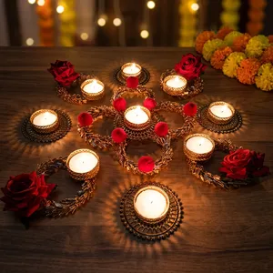 Handmade Rose <b>Tealight</b> Candle <b>Holder</b> Set Decorative Floral Rangoli for Diwali Wedding Festival and Home Table Decor - Product Image 3