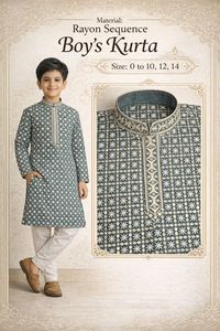 Kurta de Rayón con Lentejuelas para Niños, Ropa Étnica Tradicional India, Largo hasta la Rodilla, Corte Regular, 0-14 Años, Estampado Digital, Sin Arrugas, Informal - Product Image 1