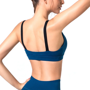 New Women Seamed Sports <b>Bra</b> Scoop Neck Spaghetti Strap Medium Support Yoga Breathable Solid <b>Blue</b> Spandex/Nylon Sheer Layer - Product Image 2