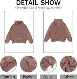 Sudadera con capucha extragrande para hombre, estilo vintage con lavado ácido, cremallera y bolsillo, ropa urbana moderna de primavera, color morado, tela personalizada. - Product Image 3