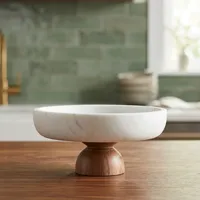 Bol décoratif élégant en marbre blanc et bois d'acacia SUNWOODD EXPO modèle 306, base en bois massif, pour cuisine et table à manger