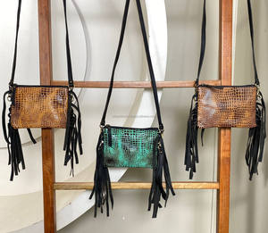 Mini bolso cruzado con cremallera y diseño de cocodrilo de cuero de vaca genuino de un solo hombro a la moda, bolsos con flecos para mujer de alta calidad - Product Image 4