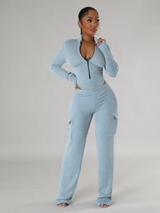 Combinaison rayée longue pour femme avec fermeture éclair et poches latérales, tenue décontractée grande taille, idéale pour le printemps - Product Image 2