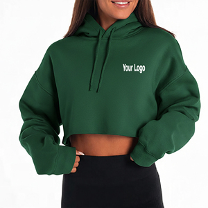 Nueva llegada: Sudadera corta para mujer, verde liso, hombros caídos, manga larga, logo bordado, estilo casual para otoño, y capucha personalizable. - Product Image 1