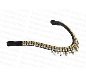 Diadema de Cuero Curvada de Lujo para Caballo con Tachuelas Doradas y Cristales de Imitación |   Brida Inglesa Premium de Tamaño Personalizado - Product Image 3