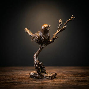 Sculpture d'oiseau en laiton artisanal sur branche, figurine d'oiseau chanteur détaillée, finition laiton antique, statue d'oiseau en métal, décoration de faune. - Product Image 4