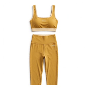 Conjunto de Yoga para Mujer Amkoor de 2 Piezas: Sujetador Deportivo con Espalda Cruzada y Cuello Redondo, Leggings de Cintura Alta y Largo Completo, Color Mostaza Sólido, Transpirable, Spandex - Product Image 1