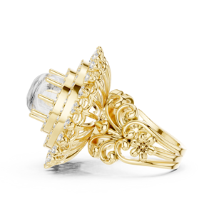 Bague de fiançailles et de mariage pour femme en or jaune avec grand diamant rond et halo, motif floral en spirale - Product Image 3