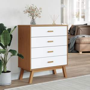 Cómoda Blanca y Marrón de 4 Cajones, Mueble de Dormitorio Moderno de Mediados de Siglo, Gabinete Independiente de Madera Maciza de Pino - Product Image 3