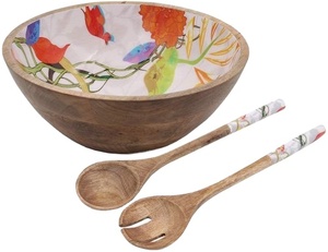 Ensaladera decorativa alta con cuchara para servir, cuenco de madera con acabado brillante esmaltado impreso - Product Image 1