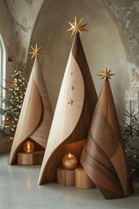 Décoration de Noël classique en bois faite à la main, forme de pin moderne, artisanat d'intérieur, petite taille, base autoportante, sans éclairage inclus - Product Image 4