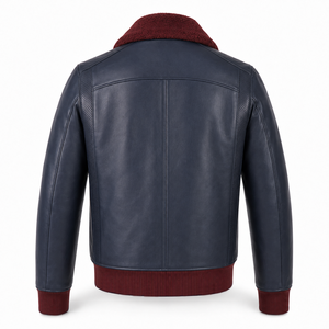<b>Men</b>’s Premium Leather Aviator <b>Jacket</b> with Contrast Fur Collar, Front Zip Closure and Rib Knit Waistband - Product Image 2