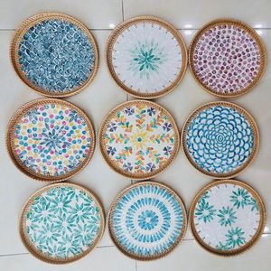 Plateau en mosaïque de rotin écologique fait main, panier de service rond décoratif en osier – Meilleures ventes - Product Image 4