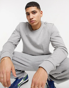 Sweat-shirt gris à col rond pour homme, manches longues, couleur unie, vêtement décontracté, 100% coton, poids moyen, coupe classique, style automne - Product Image 1