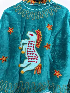 Ethnic Turquoise <b>Velvet</b> Embroidered Suzani <b>Jacket</b> with Animal Print Full Sleeve Stand Collar Handmade Bohemian Autumn Coat - Product Image 3