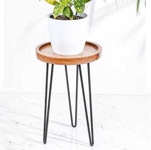 Support à fleurs minimaliste en bois avec pieds en forme d'épingle noire pour plantes d'intérieur, design circulaire sur le dessus - Product Image 1