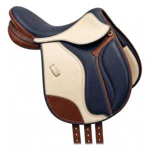 Selle anglaise en cuir artisanal pour l'équitation et l'entraînement, cuir véritable bleu marine et brun, selle de dressage anglaise avec étriers - Product Image 1