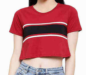 Women's <b>Red</b> <b>Crop</b> <b>Top</b> Short Sleeve V-Neck Striped Color Block Knitted Casual T-Shirt - Product Image 4