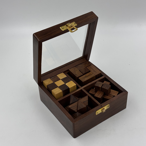 Ensemble de 4 puzzles en bois artisanaux en bois de rose indien, jeux de réflexion, boîte cadeau avec couvercle en verre, qualité supérieure - Product Image 3