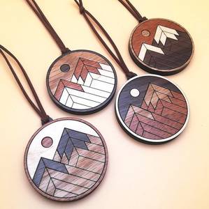 Handmade Hanging <b>Wood</b> Inlay Mountain <b>Ornament</b> Set Rustic Holiday Decor - Product Image 3