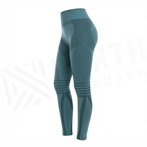 Leggings de yoga taille haute pleine longueur couleur vert sarcelle uni, maille côtelée sans couture, extensible dans les quatre sens, vêtements de sport pour femmes - Product Image 3