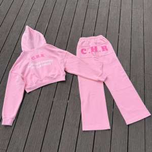 Premium Quality Cropped Hoodie & Trouser <b>Set</b> for Women's Custom Applique <b>Embroidery</b> Branding Two Piece Streetwear Sweat Suit - Product Image 2