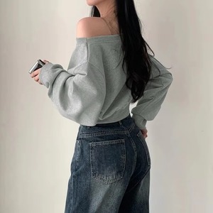 Sudadera Corta Casual Ecológica para Mujer, con Hombros Descubiertos, Transpirable, Holgada, Estilo Urbano, Antiarrugas, con Bordado - Product Image 2