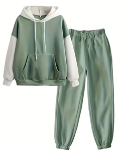 Women's Solid Fleece Hoodie Jogger Set Regular Fit Two Piece Sweatpants Outfit Casual Winter Wear Green White Anti-Pilling - Product Image 3