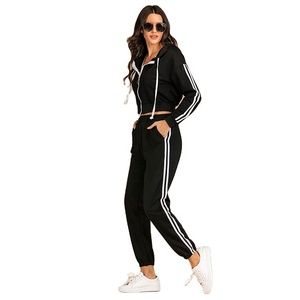 High quality women sportswear stitching stripe tracksuit zipper crop top <b>hoodie</b> with matching yoga pants - Product Image 1