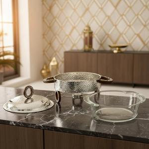 Calentador de Comida Tipo Buffet de Lujo, Redondo, de Metal Martillado, con Interior de Vidrio, Asa de Madera y Exterior con Recubrimiento en Polvo - Product Image 4